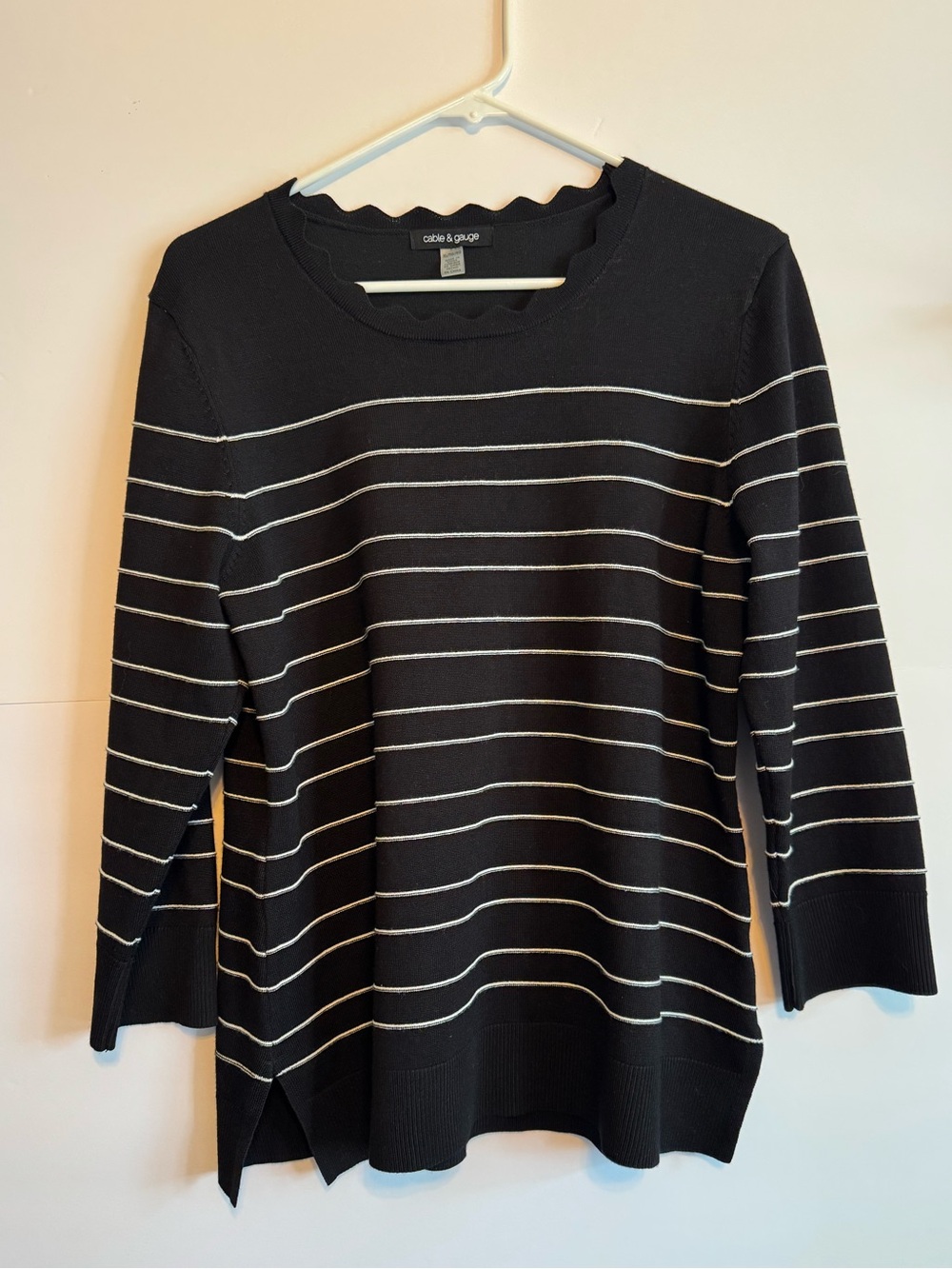 Cable & Gauge Black Crewneck Sweater with Ivory Stripes
